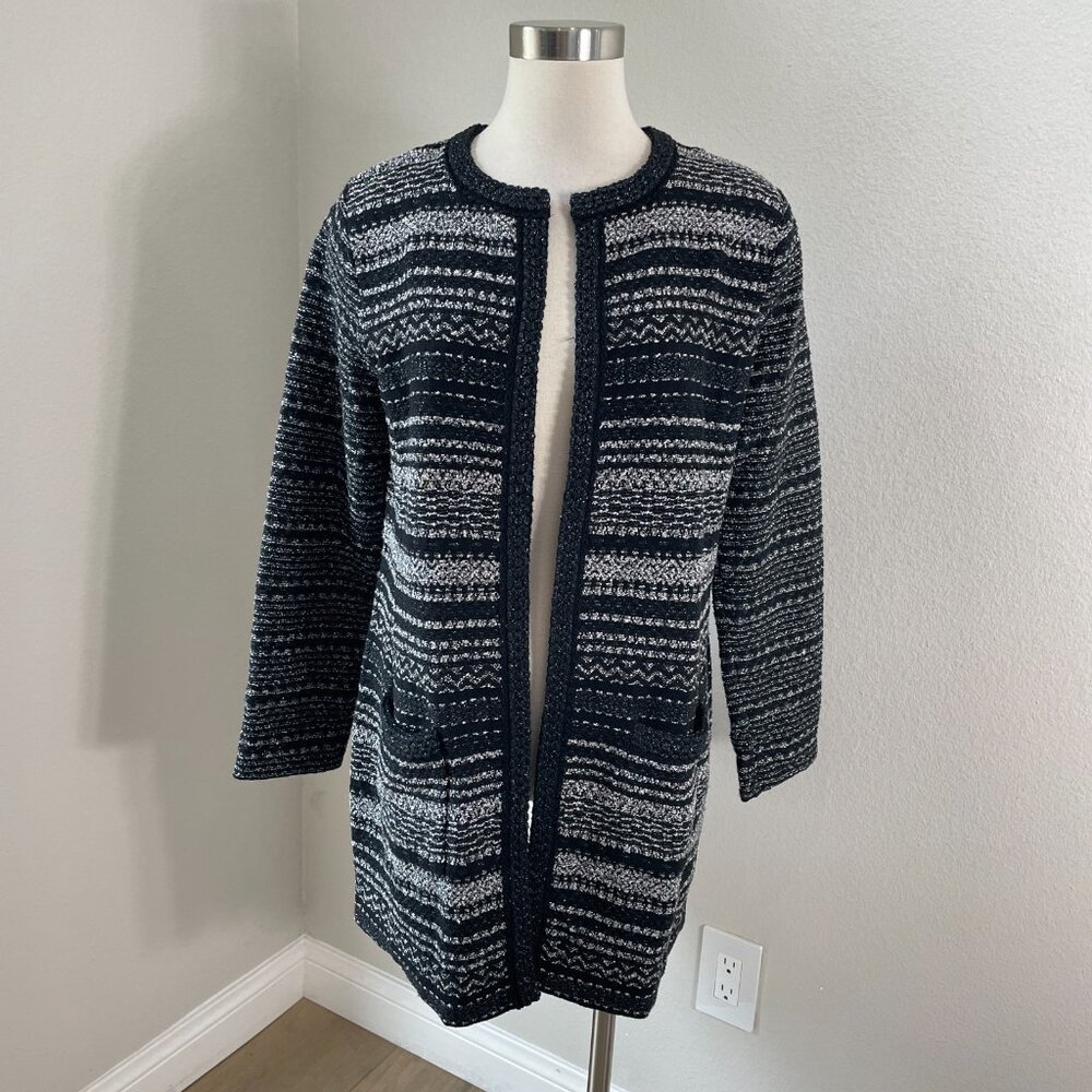 Talbots Womens Medium Black Gray Metallic Open Knit Jacket Tweed Coat Pockets - Picture 1 of 13